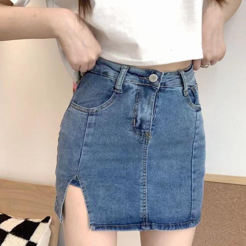 Product Introduction of Stretch Korean Style Denim Skirt Women's High Waist Anti-Exposure A- line Miniskirt and Divided Skirt Split Hip Skirt Summer 1