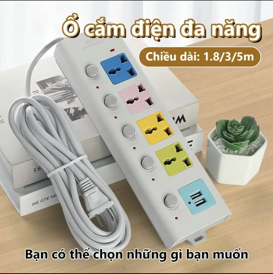 Ổ Cắm Điện Đa Năng Chống Giật Cao Cấp Dài 4m , 2 Cổng Cắm USB Có Chốt An Toàn dây