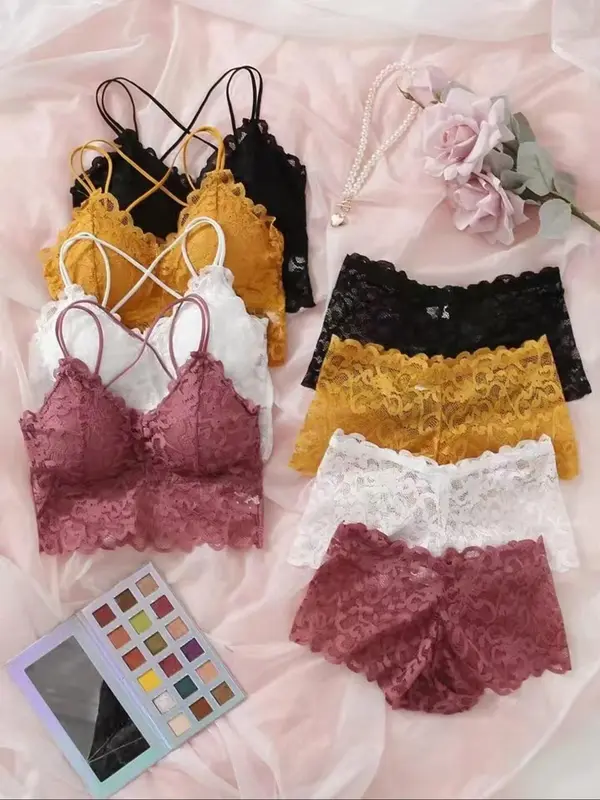 Women's Contrast Lace Backless Bra & Shorts Underwear Set, Sexy Comfy Breathable Lingerie Set for Daily Wear, Underwear Set for Women 1