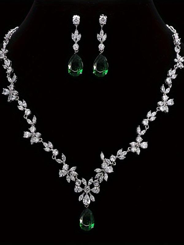 Elegant Water Drop Shaped Zircon Decorated Jewelry Set, Exquisite Trendy Necklace & Dangle Earrings, Chic Jewelry Set for Party & Wedding Decor 2