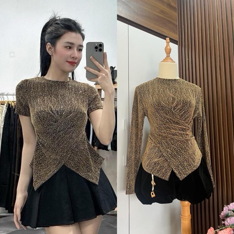 Áo Thun Kim Tuyến Tạo Thắt Eo Co Giãn <60kg Nữ Women Top Dài Tay , Ngắn Tay