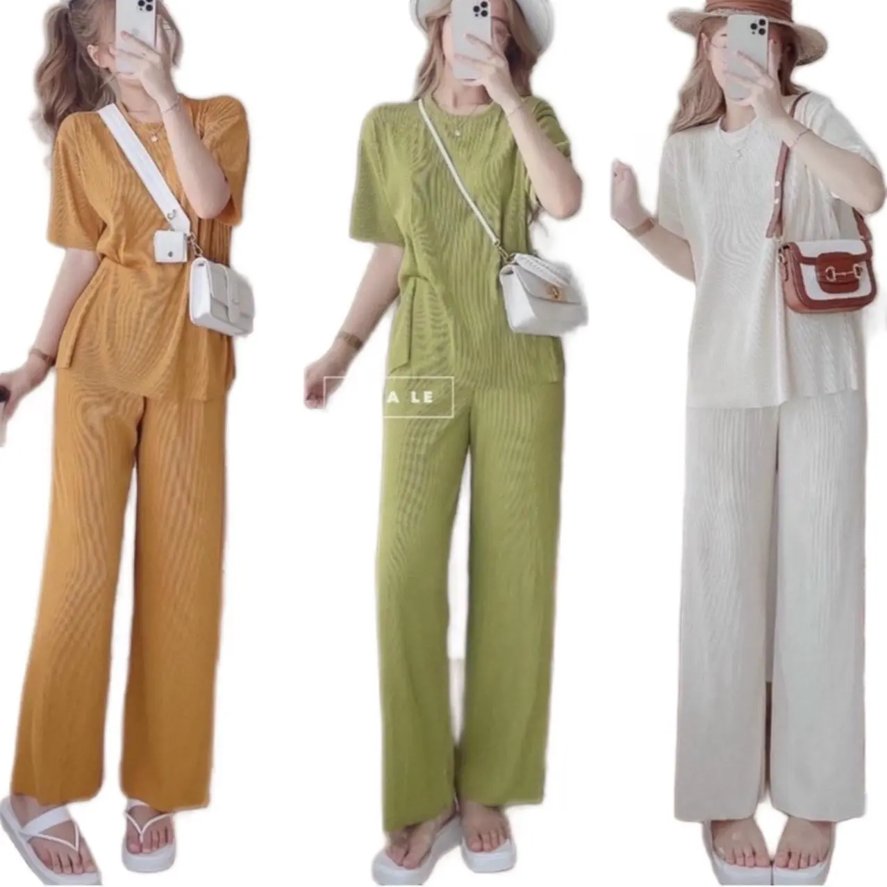 [S27] Bộ ly tăm tay ngắn phối quần dài suông sang chảnh Nữ Top  Women Áo Đen