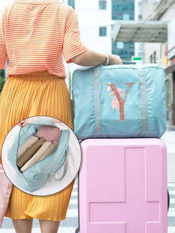 Letter & Floral Pattern Travel Bag, Large Capacity Organizer, Foldable Luggage, Tote Bag, Clothing Storage Duffel Bag, Travel Accessories 5
