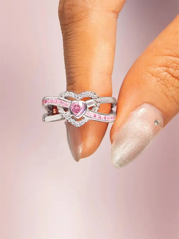 Women's Elegant Heart Design Promise Ring, Exquisite Trendy Artificial Zircon Decor Ring, Fashionable Jewelry for Women As Engagement Anniversary Birthday Gift, Valentine's Day, Gift 4