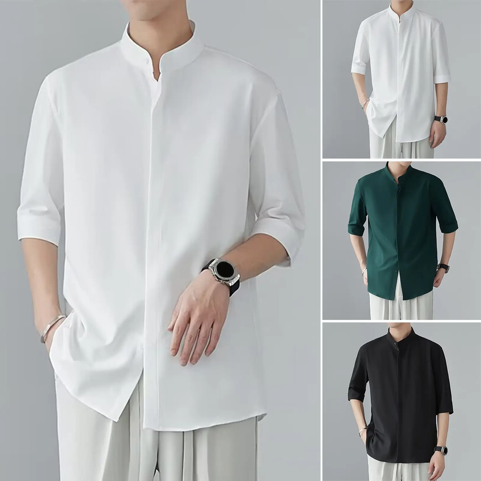 Men Shirt New Chinese Style Stand Collar Solid Color Loose Mid Sleeves Casual Daily Wear Mid Length Office Top