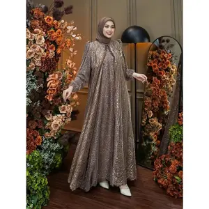 CELLINE Dress Tille Mix Brukat Full Silk Premium Aplikasi Renda Gamis Kondangan Wanita Remaja Grey Mewah Silk Dewasa Ibu Lebaran l Mix Brukat Raindrop