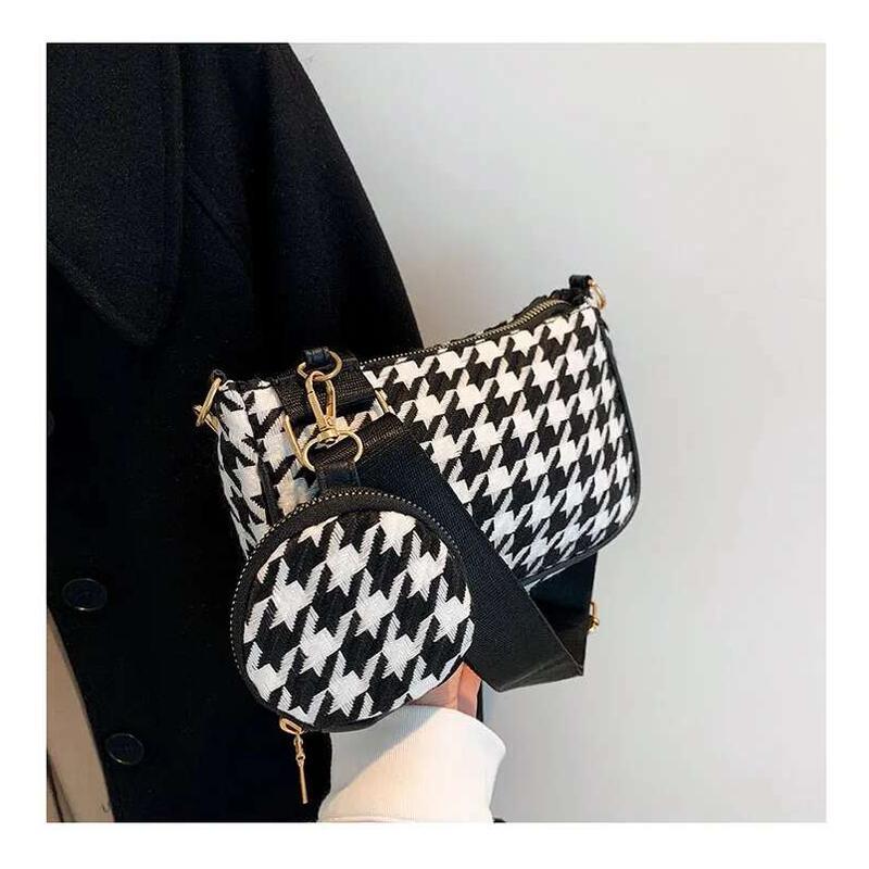 Product Introduction of Female Vintage Plaid Printing Shoulder with Mini Round Purse Pendant Women Casual Small Crossbody Bags 2pcs Composite 16