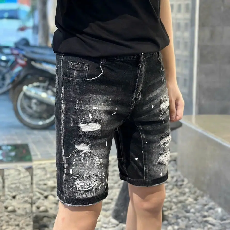 Quần short jean nam 2 đáy phối hoạ tiết rách xước kèm vảy sơn siêu hot, phong cách thời trang trẻ trung sang trọng chuẩn Menswear WOMAN