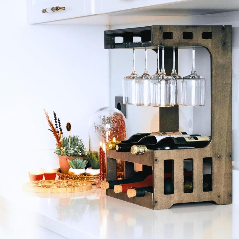 Local shipping-Wine Rack Free Standing | Natural Wooden Wine Racks with Glass Holder - Waterproof 6 Bottle Wine Rack Storage for Home Bar Kitchen - Wall Mountable 4