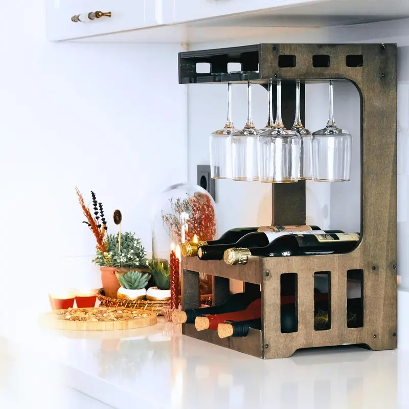 Local shipping-Wine Rack Free Standing | Natural Wooden Wine Racks with Glass Holder - Waterproof 6 Bottle Wine Rack Storage for Home Bar Kitchen - Wall Mountable 4