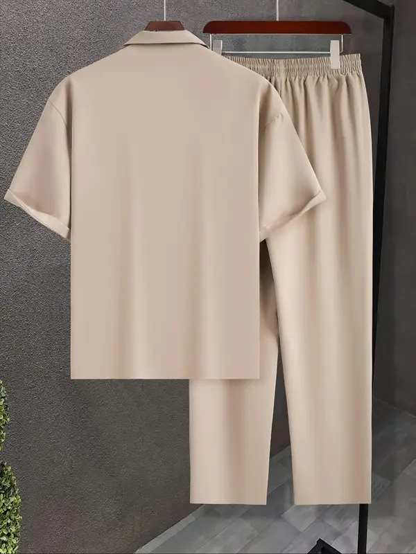 Two-Piece Set Men's Solid Button Front Shirt & Drawstring Waist Straight Leg Pants, Regular Fit Casual Lapel Neck Short Sleeve Top & Pocket Trousers for Daily Wear, Men's Two-piece Outfits for Spring & Fall & Summer, Menswear, Clothes 1