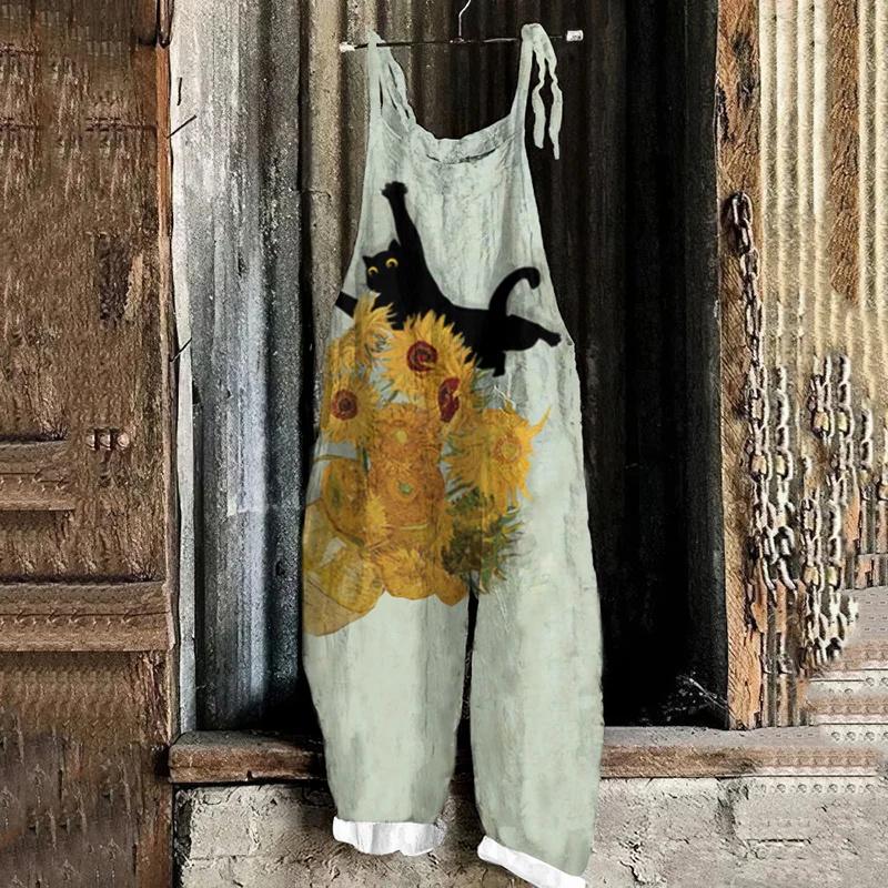 Women's New Fashion Retro Romper Cute Animal Cat Pattern 3D Printed Suspenders Casual Comfort Lazy Fashion Romper Flower Pattern Colorful Womenswear Overalls fleabag  jumpsuit 4