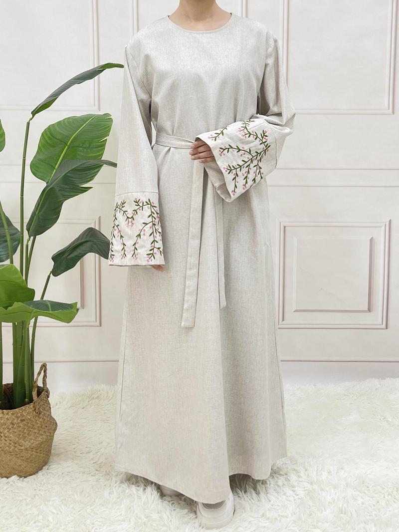 Product Introduction of Arabic Clothing-floral Embroidery Long Sleeve Belted Tunic Dress, Elegant Long Dress for Muslim Women, Women's Islamic Clothing for All Seasons, Abaya for Daily Wear, Modest Clothes 12