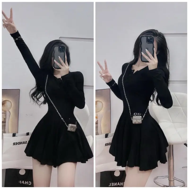 Đầm Xoè Len Tăm Dài Tay Chất Đẹp, Phong Cách Hot Girl Cực Tôn Dáng