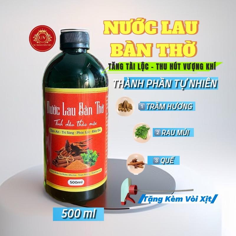 NƯỚC LAU BÀN THỜ - 1 Chai 500 ml ( Thành Phần : Quế , Mùi Già, Trầm Hương ,.. )  Giúp làm sạch bụi bẩn bề mặt đồ vật, bao sái ban thờ, thu hút tài vận. 0