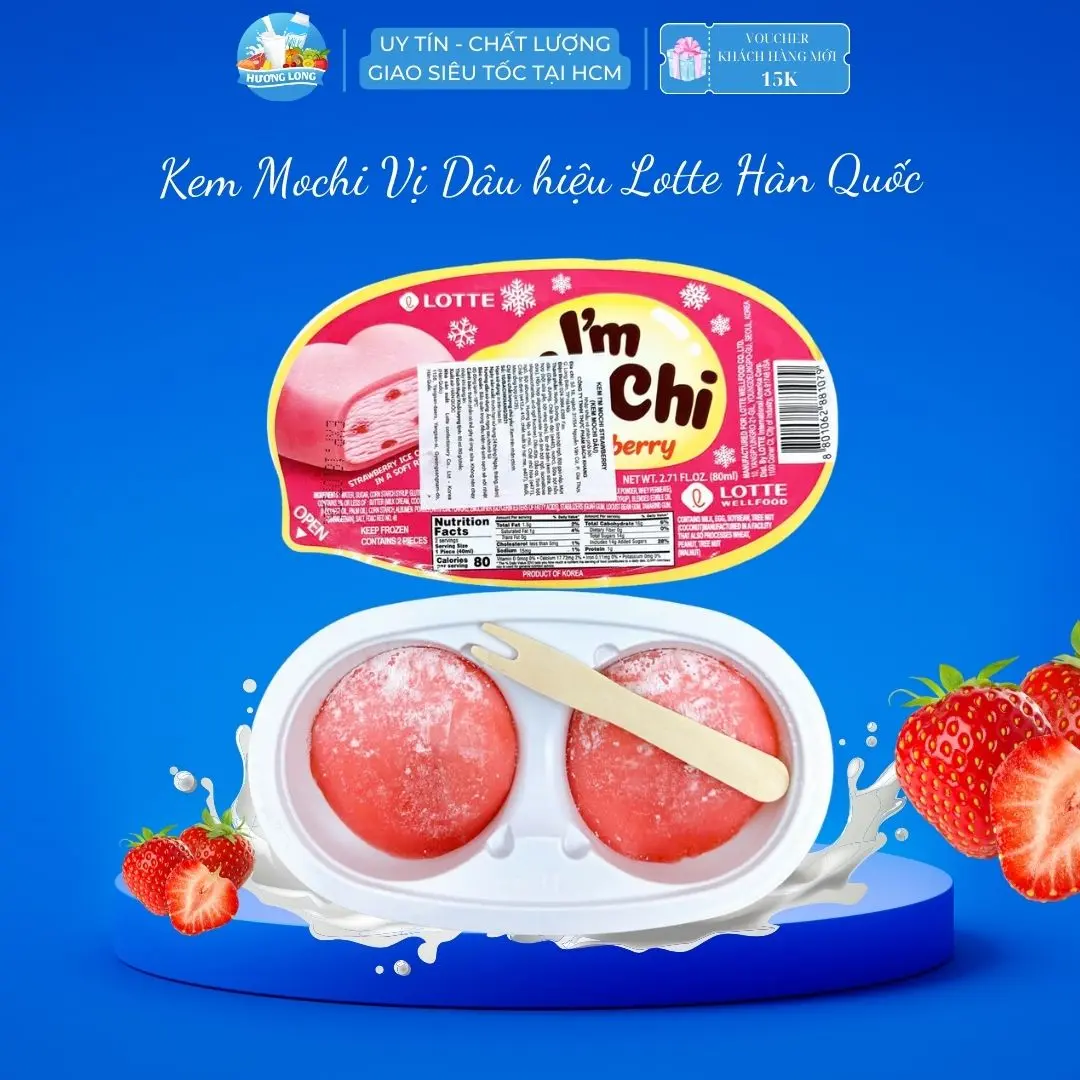 [Hộp 2 viên kem - HCM] Kem Mochi vị dâu Lotte Hàn Quốc I'm Mochi vỏ bánh mềm bên trong lớp kèm mịn dẻo thơm ngọt - Hộp 2 viên Tươi Food Thức Ăn  socola kem  aice Nho Ăn Vặt