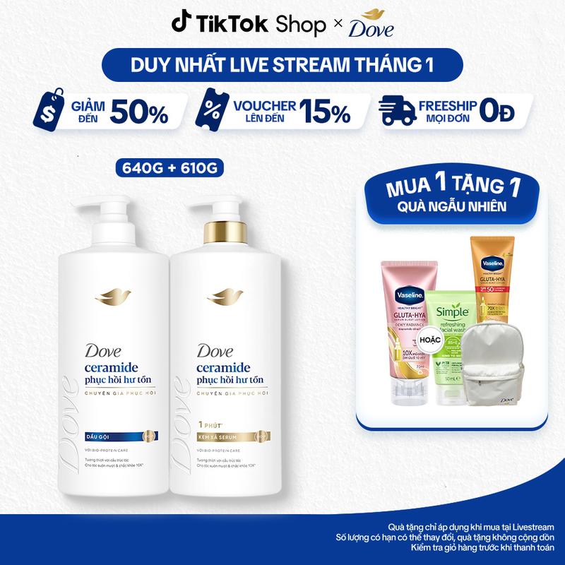   1  Combo 2 Dove Phục Hồi Hư Tổn Dầu Gội 640g + Kem Xả 610g 