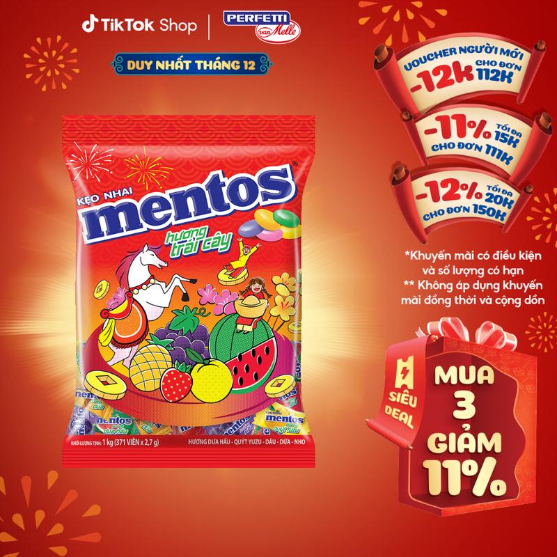 TÚI LỚN 1KG Kẹo nhai Mentos Hương Dưa hấu Quýt Yuzu Dâu Dứa và Nho