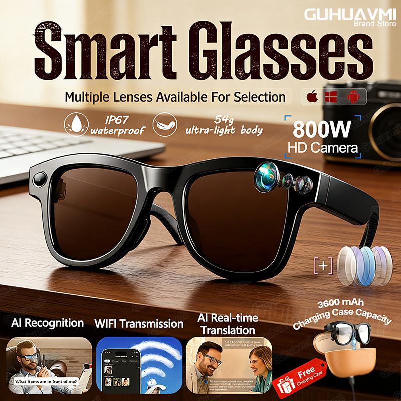 2026 New 800W 4K HD AI Smart Glasses Men Record Video 3600mAh Battery 120 Languages Translation Music Player Glasses With Camera