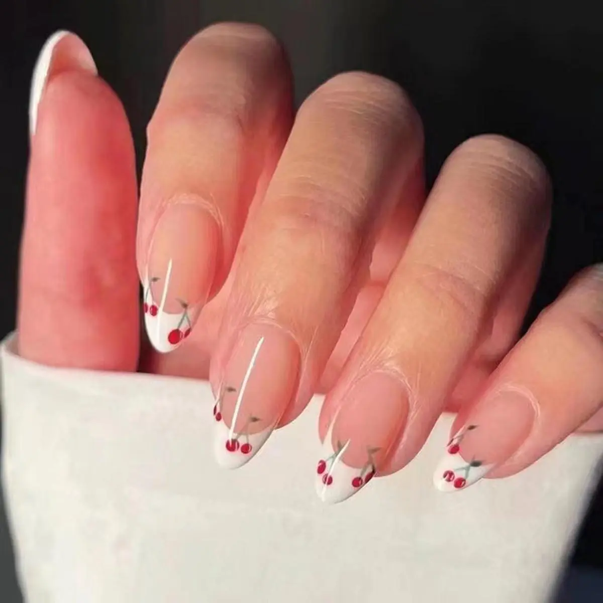 Cherry Pattern Fake Nail & 1 Sheet Tape & 1 Count Nail Care Nail File, 24pcs/set Short Almond False Nail for Women & Girls, Removable Nail Art Artificial Full Cover, Women Girls DIY Manicure
