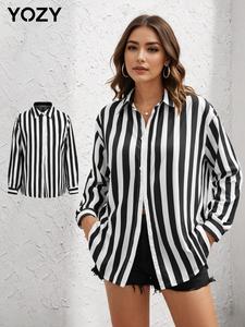 YOZY Women's Striped Print Button Front Shirt, Casual Long Sleeve Collared Top for Daily Wear, Ladies Clothes for All Seasons