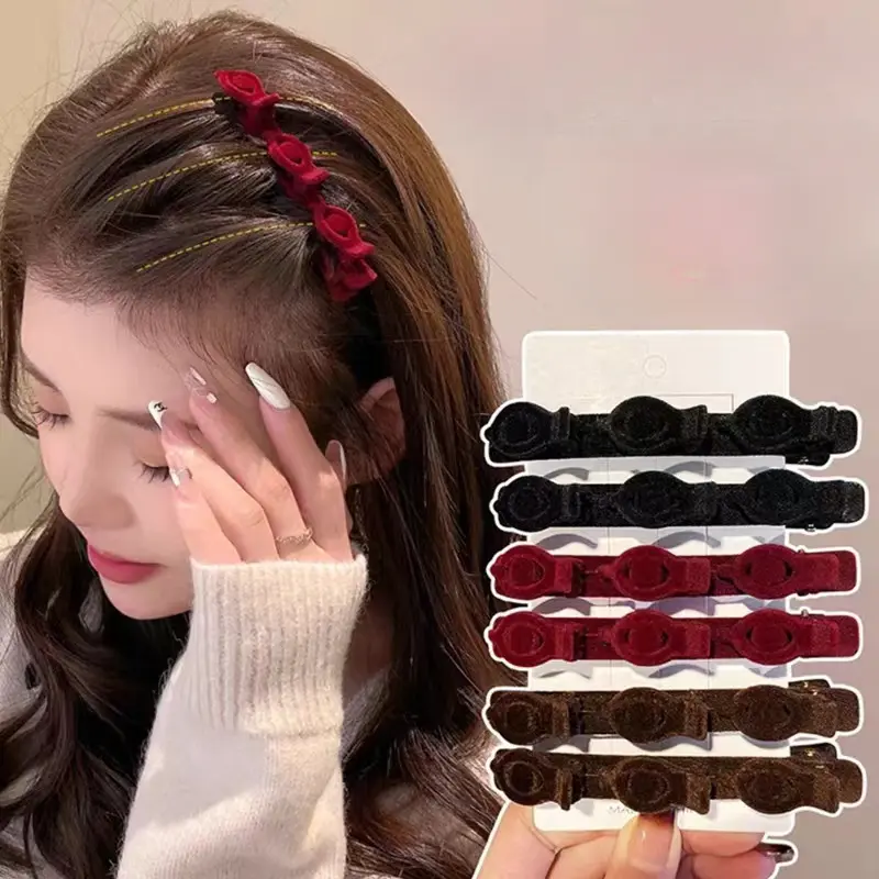 Princess Flocking Braided Hair Barrettes Side Clip Female Forehead Bangs Fluffy Clip Side Cropped Hair Clip Barrettes Hairpin New Year Headdress Female
