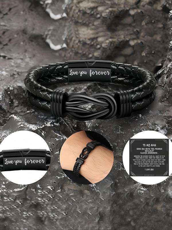 Men's Simple Style Plain Color Braided Textured Synthetic Leather Bracelet with Letters Pattern, Casual Trendy Bracelet with Knot Design, Fashionable Accessories for Daily & Party Decoration, Christmas Gifts for Boyfriend 7