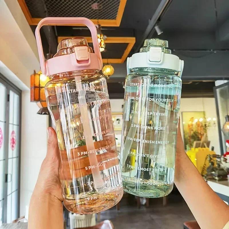 Bình Nước Cầm Tay Dung Tích 2L, Cốc Nước Có Ống Hút Bằng Nhựa Dung Tích Lớn, Bình Uống Nước, Có Điểm Đánh Dấu Thời Gian, Thích Hợp Cho Thể Thao Ngoài Trời Và Thể Dục 3