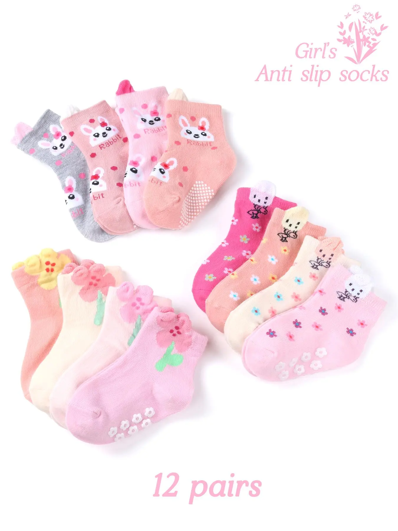 Cute Rabbit & Flower Pattern Girls' Socks, Anti-slip Socks for Girls, Kids Socks for All Seasons