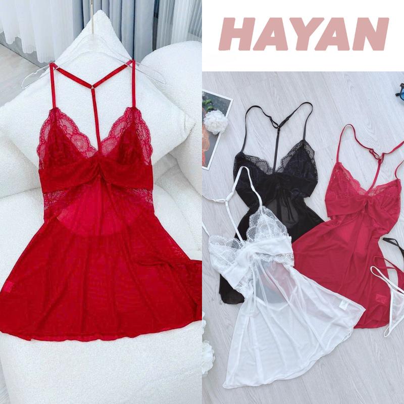 HT20 Váy ngủ sexy nơ v1 dáng suông ren xuyên thấu hở lưng tôn dáng