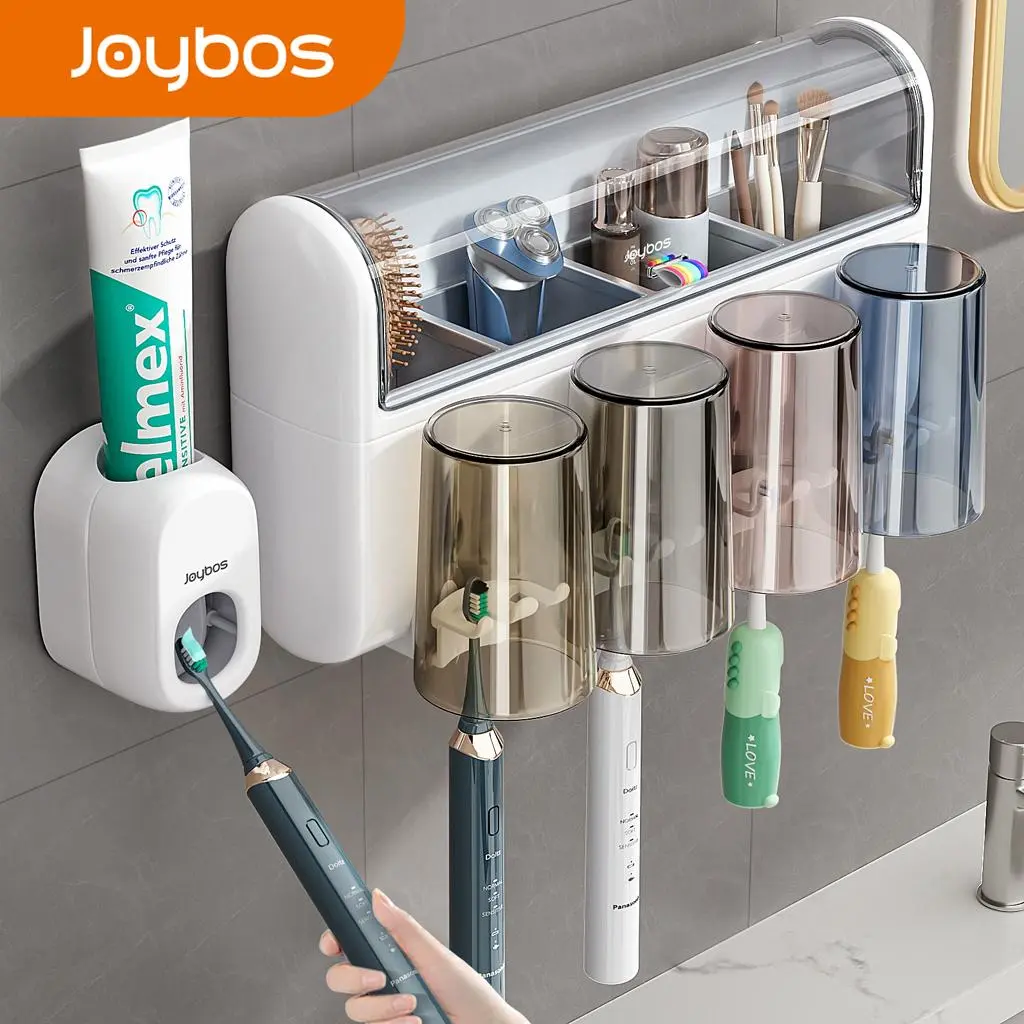 Wall Mounted Toothbrush Holder with Cups, 1 Set Including Toothbrush Holders & Toothpaste Dispenser, Bathroom Accessories for Home Dormitory