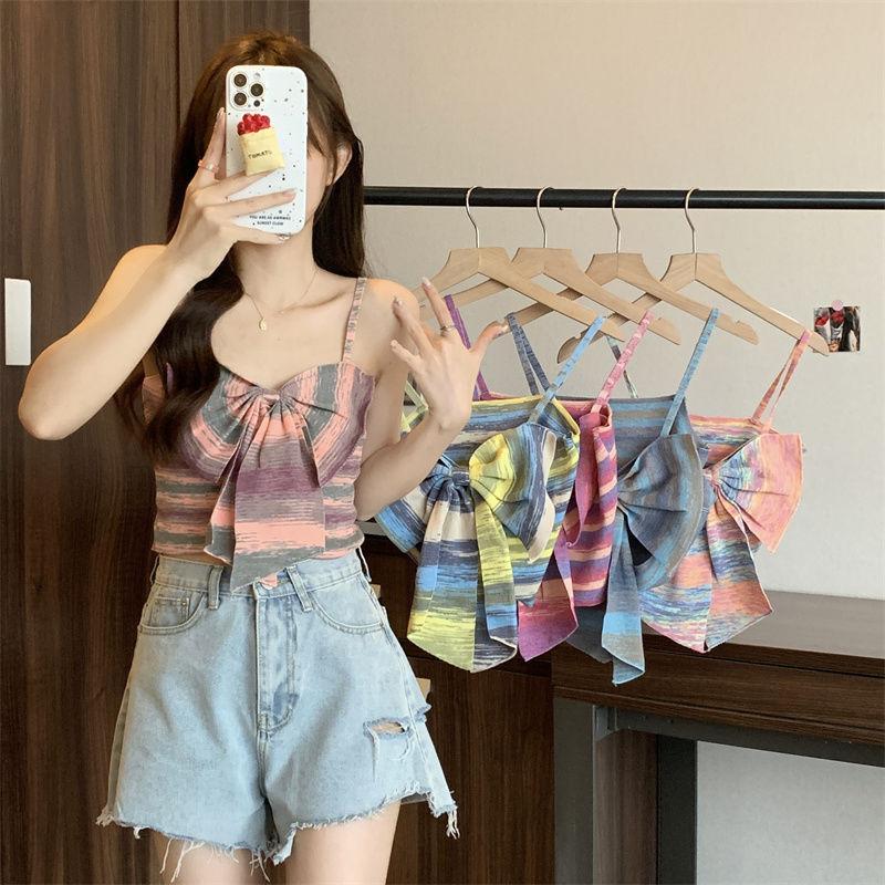 Product Introduction of Sweet and Spicy Style Striped Small Sling Vest Women's Summer Inner Wear Outer Wear Design Sense Niche Bow Sleeveless Short Top turtleneck  tank Lingerie Plaid Spaghetti Strap tank  top camisole  tops baby  tee 4