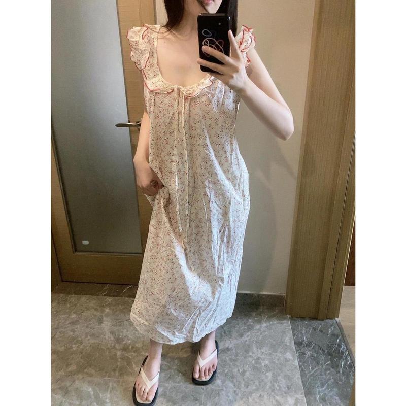 Váy Ngủ Có Dây Đeo Mùa Hè, Dành Cho Phụ Nữ, Thiết Kế Mới, Hoa Nghiền Ngọt Ngào, Viền Xếp Ly, Thoải Mái Cho Bé Gái, Dáng Rộng Vừa Vặn, Vải Mỏng, Thích Hợp Mặc Nhà 3
