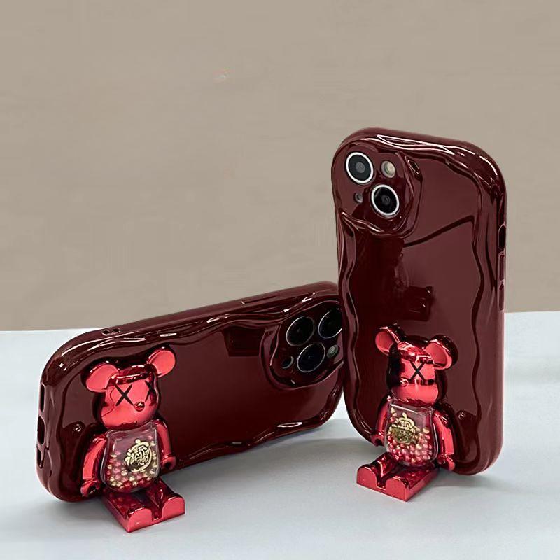 Giá đỡ gấu xoay màu đỏ năm mới Ốp Điện Thoại thích hợp cho IPhone X XR XS Max 11 12 13 14 15 Pro Max 6 6S 7 8 Plus bảo vệ ống kính máy ảnh vỏ mềm