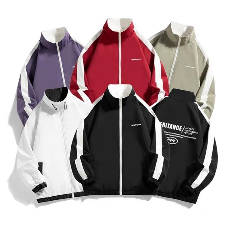 Jacket áo khoác gió 4 màu 2 lớp 1 mặt dành cho cả nam và nữ in chữ, sọc đứng, 4 mùa, túi có khóa, Menswear 8
