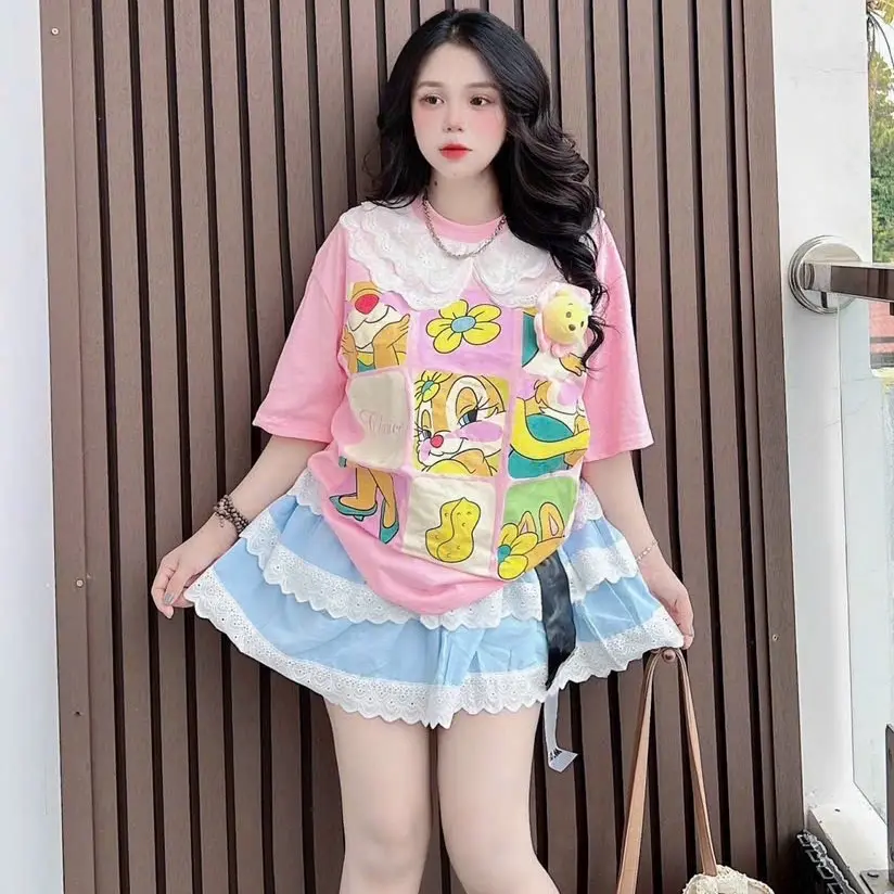 Sét áo thun tăm lạnh cổ viền ren chân váy tầng Women