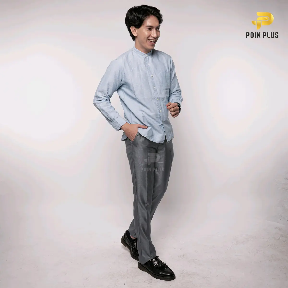 poin plus celana bahan mengkilat silver poinplus | celana bahan mengkilat slimfit poinplus pria tebal nyaman  panjang  formal  kerja Kain Kantor