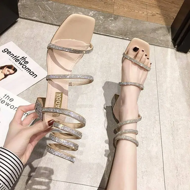 Xăng Đan La Mã Quấn Mắt Cá Chân, Xăng Đan Chữ Kim Cương Giả Với Gót Chunky, Phong Cách Thanh Lịch, Linh Hoạt Năng, Nổi Tiếng Trên Internet, Gót Giữa, Mới, Mùa Hè Nữ DéP 4