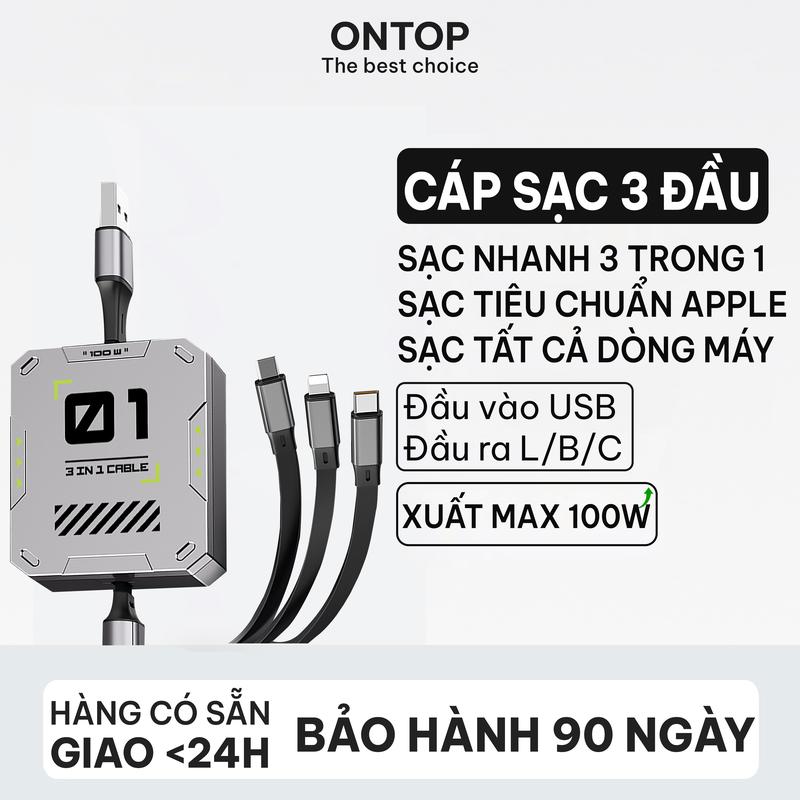 Dây Cáp Sạc Nhanh 3 Đầu Dạng Rút Gọn Tiện Lợi Cáp Dữ Liệu Đầu Ra Lightning Type C Micro Type B Thích Hợp cho iPhone SAM VIVO OPPO Mi Máy Tính Bảng