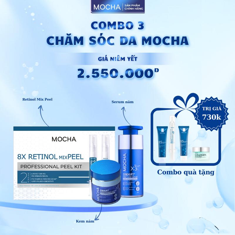 Combo 3 Sản Phẩm Chăm Sóc Da Mocha Gồm Retinol Mix Peel + Kem Dưỡng Nám + Tinh Chất Nám + Tặng 2 sữa rửa mặt b5 25ml, 1 kem dưỡng clg, 1 tinh chất b5 phục hồi