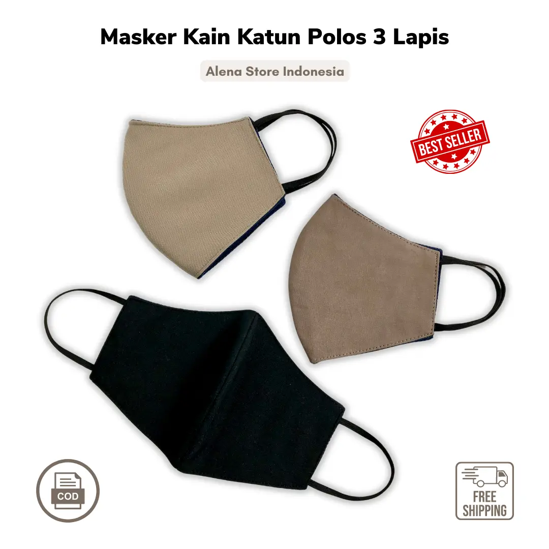 Alena - Masker Kain Katun Polos 3 Lapis/Masker Kain Katun Polos Pria Wanita 3 Ply Premium