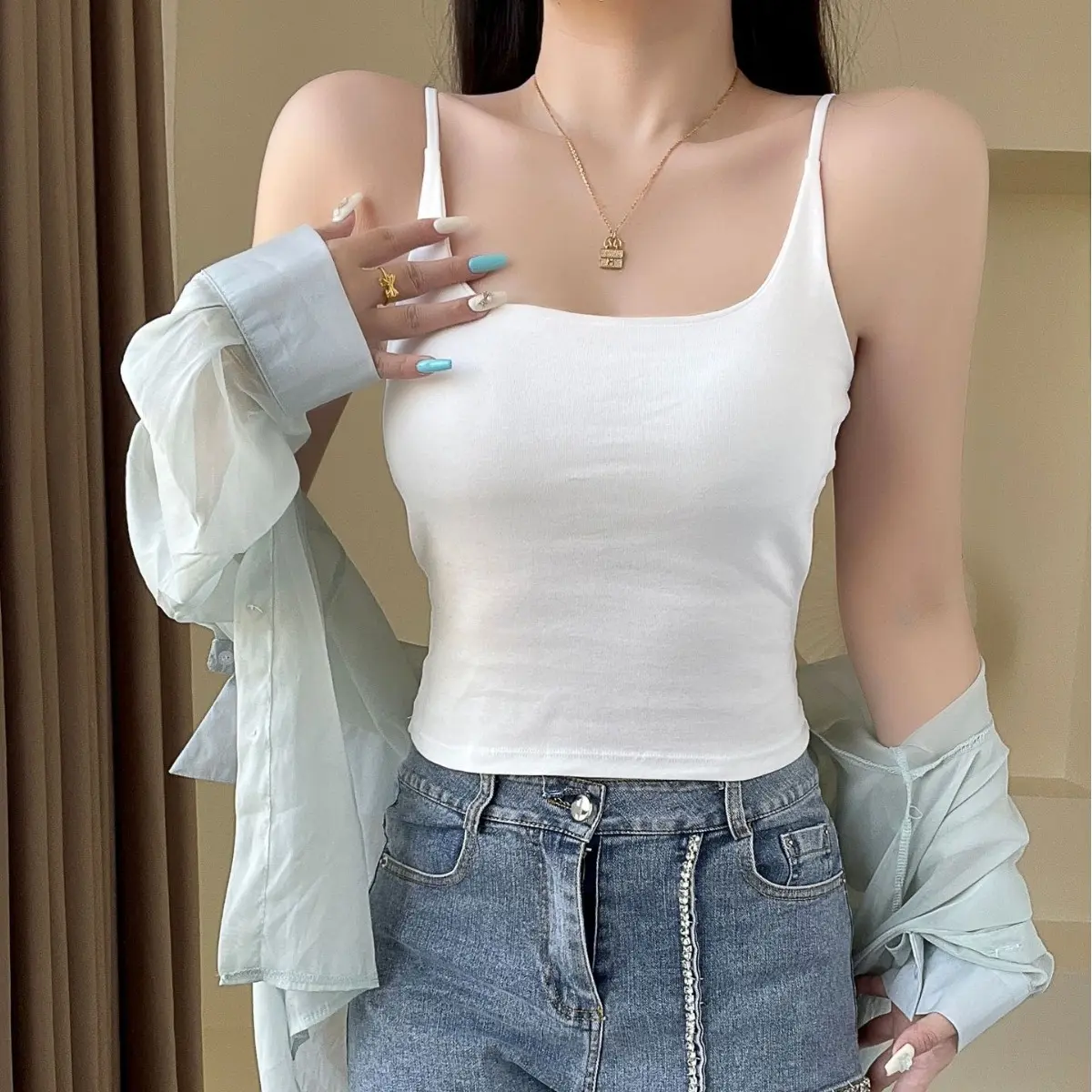 [LS] Women's Pure Cotton Camisole with Fixed Chest Pads, Minimalist Women's Wear Model 6644 Fashion Lady Basic Hot Sale New