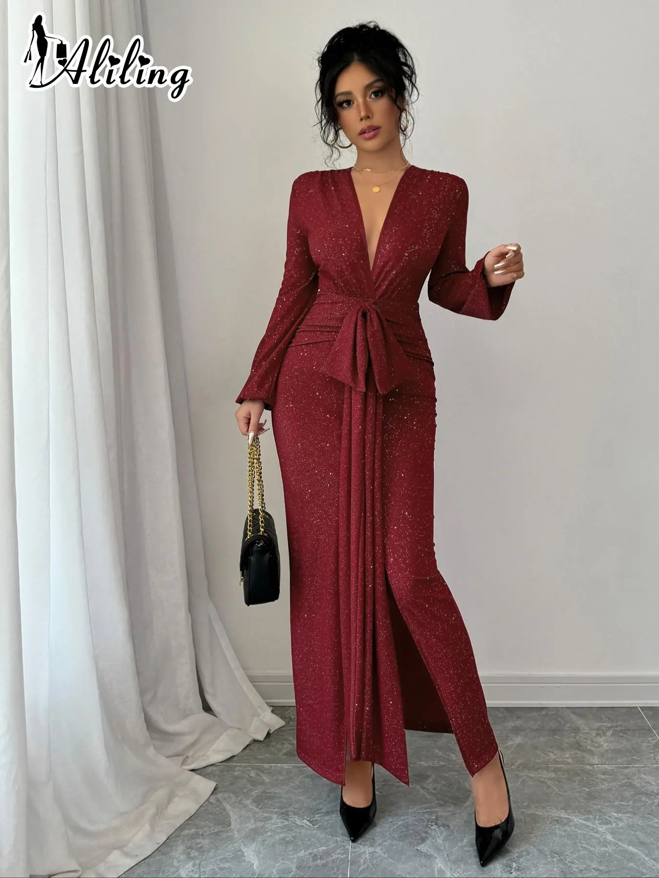 Women's Plain Deep V Neck Dress, Elegant Long Sleeve Dress for Party Holiday Wedding Guest, Ladies Spring & Fall Clothes