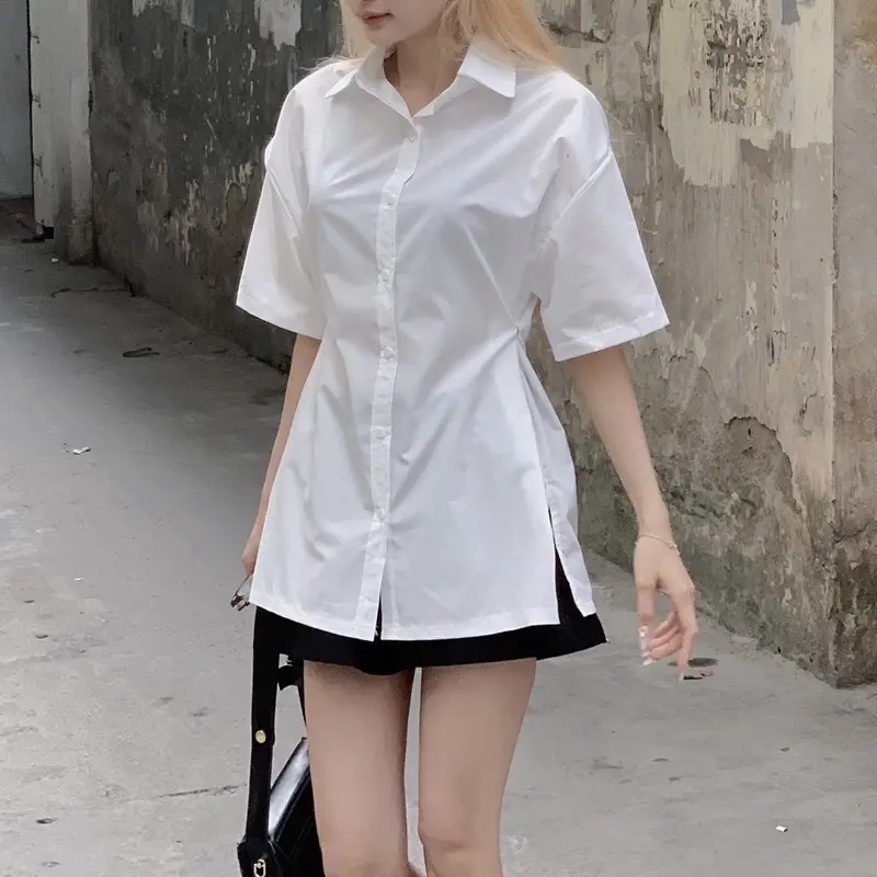 Set áo sơ mi kèm quần freesize chất vải thô mềm Nữ Top Kem