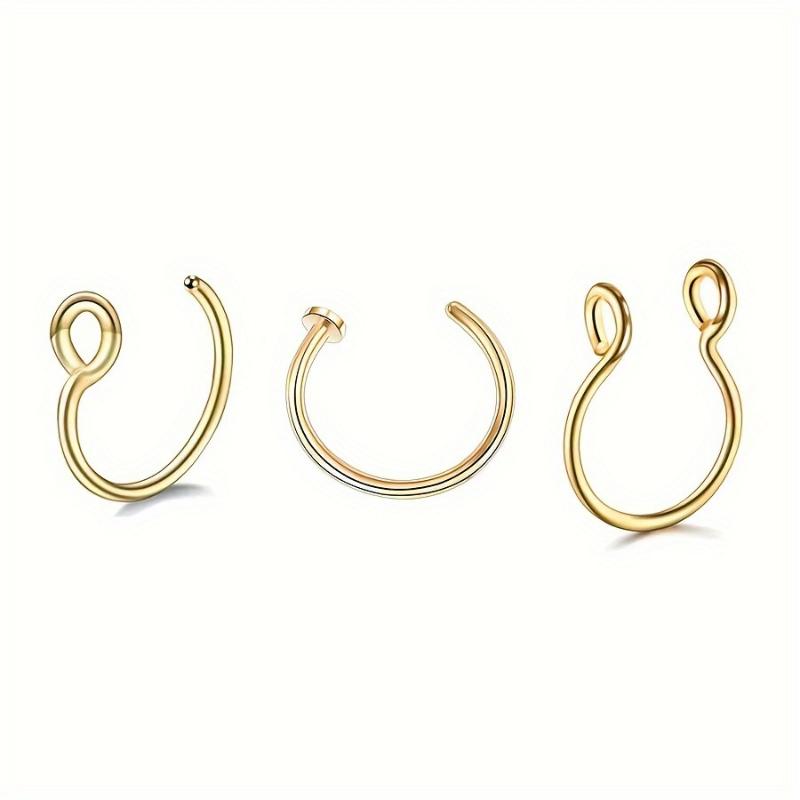 [3pcs Hypoallergenic Nose Rings Set] 3pcs Set Stainless Steel Rings, Unisex Non-Piercing Body Jewelry, Simple Style, C-Shaped Clip Hoops, Piercing Alternatives jewelry 6