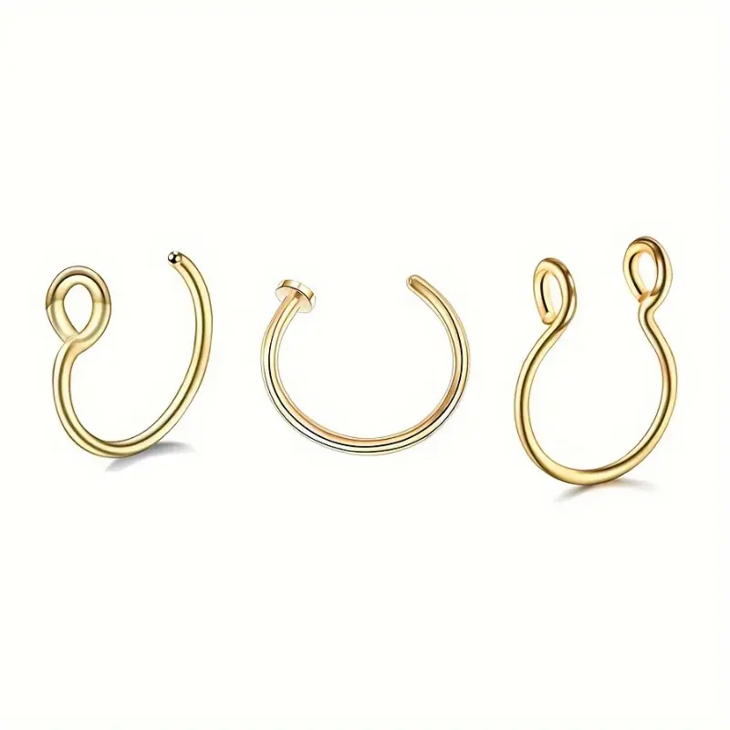[3pcs Hypoallergenic Nose Rings Set] 3pcs Set Stainless Steel Rings, Unisex Non-Piercing Body Jewelry, Simple Style, C-Shaped Clip Hoops, Piercing Alternatives jewelry 6