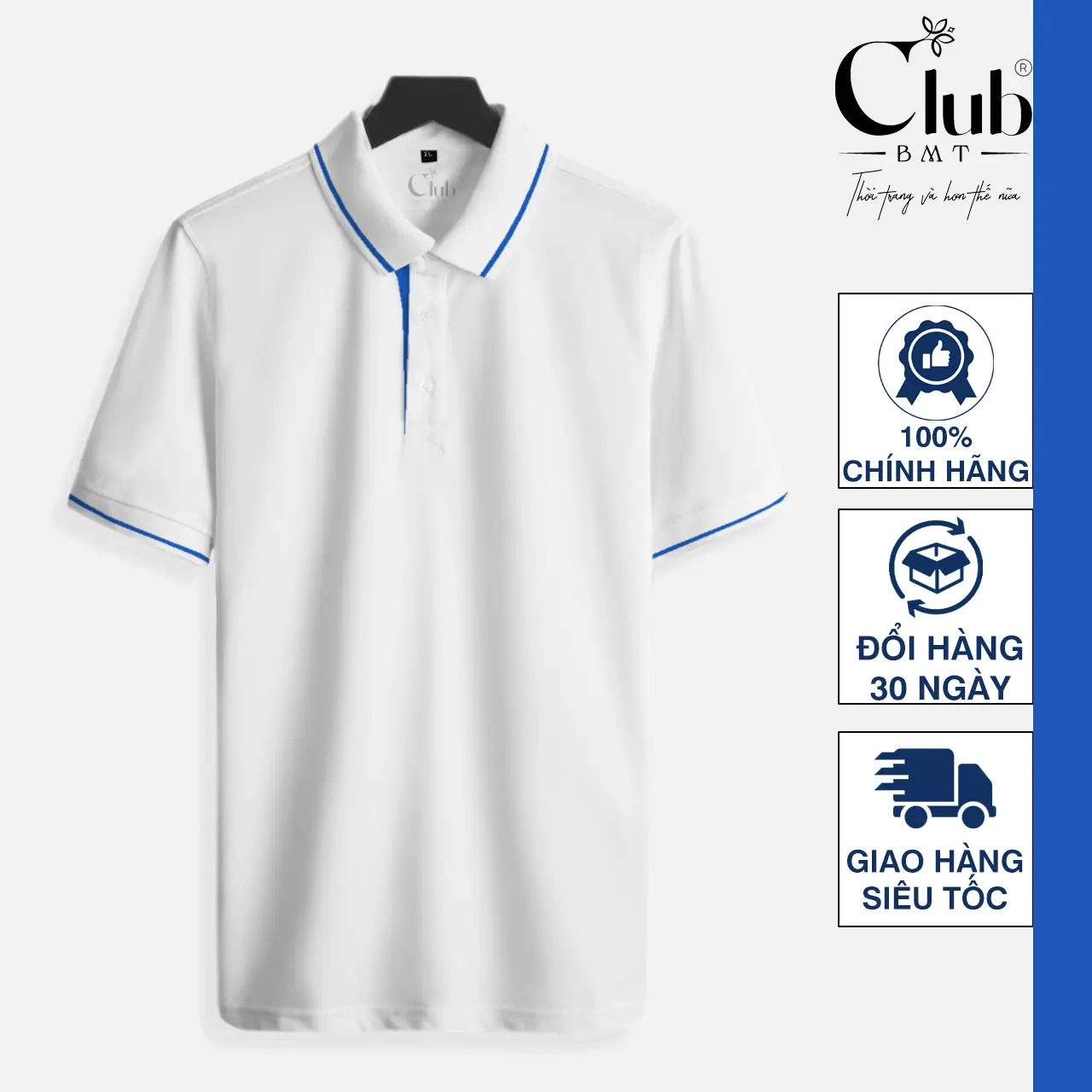 Áo thun polo trắng gạo phối sọc xanh dương CLUB BMT