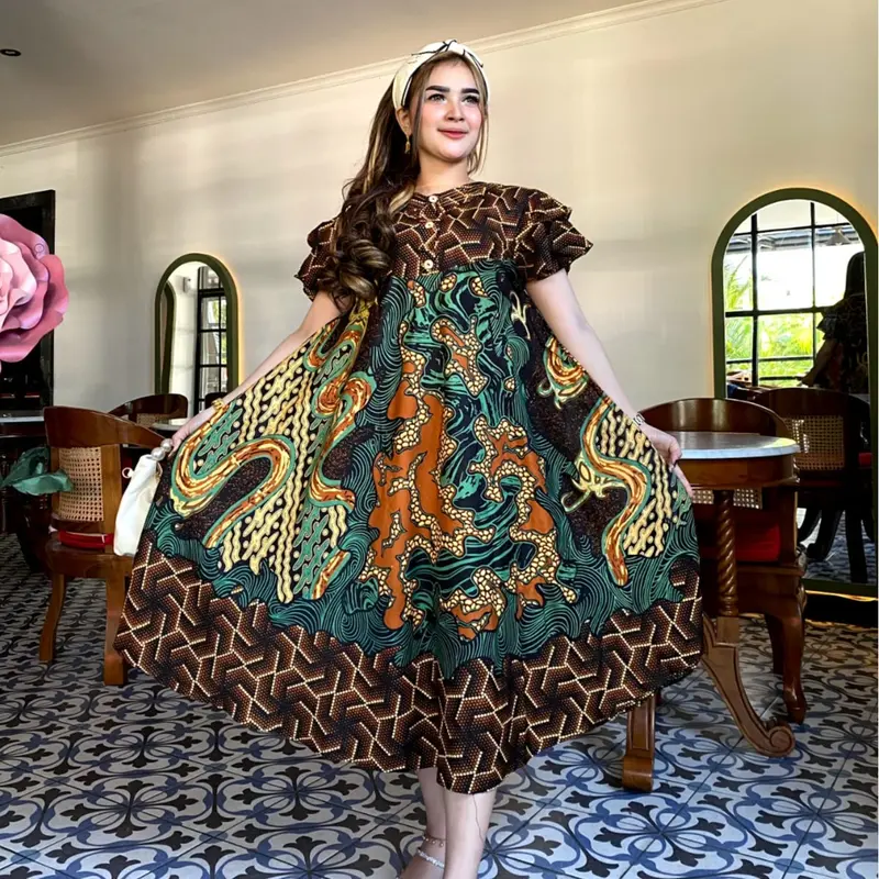 DASTER PAYUNG JUMBO MOTIF WAYANG TERBARU KANCING DEPAN Busui remaja Ibu Menyusui Bumil Lengan Hamil Rayon daster  bunga 3