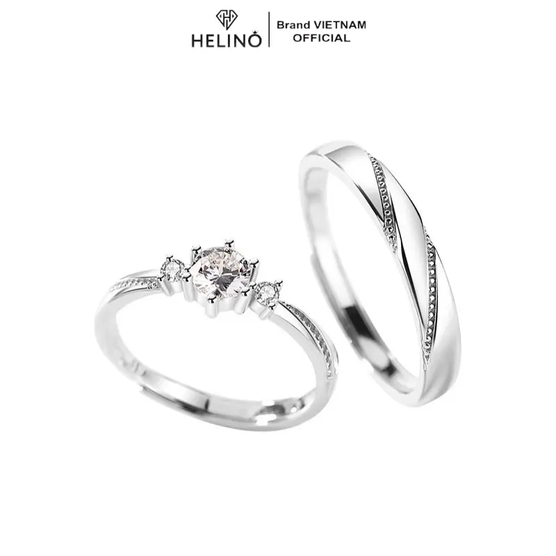 (TẶNG HỘP) Nhẫn đôi bạc nam nữ S925 HELINO Love at first sight đính đá cao cấp, có thể tự điều chỉnh size ND01