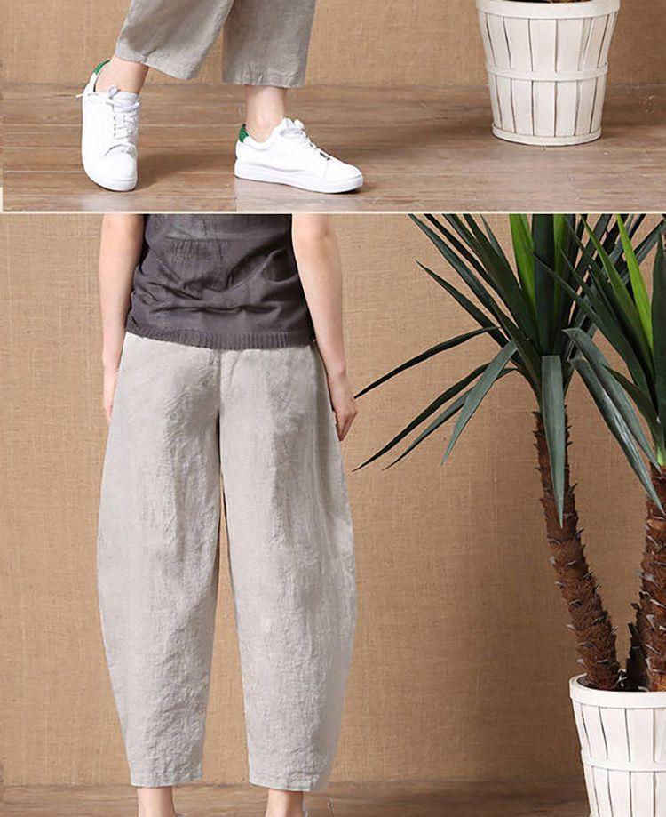 Product Introduction of 2025 Summer New Cotton Linen Long Pants for Women Loose Plus Size Wide Leg Pants High Waist Versatile Floor-Length Linen Pants rib  flares cutbray 7